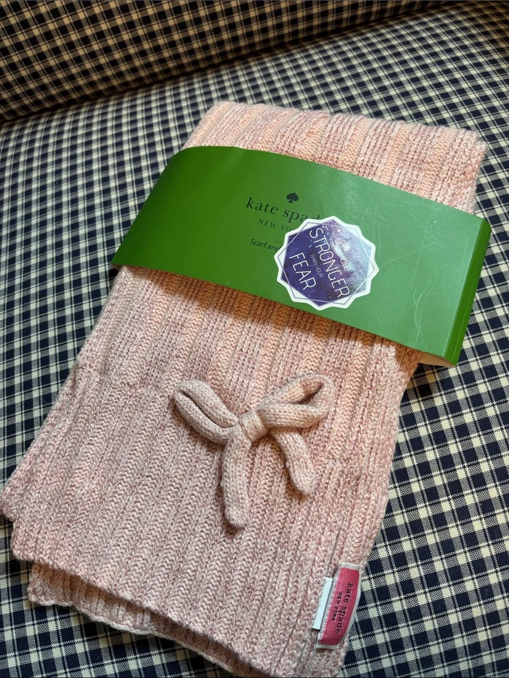 kate spade Pink Ribbed Knit Scarf with Bow Accent